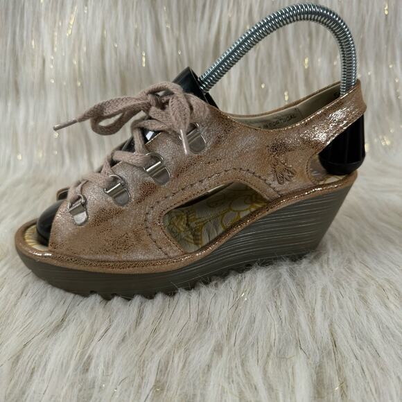 Fly London Ylfa Lace Up Wedge Heel Platform Sandals Metallic Gold EU 36 US 5.5-6 - Picture 1 of 7